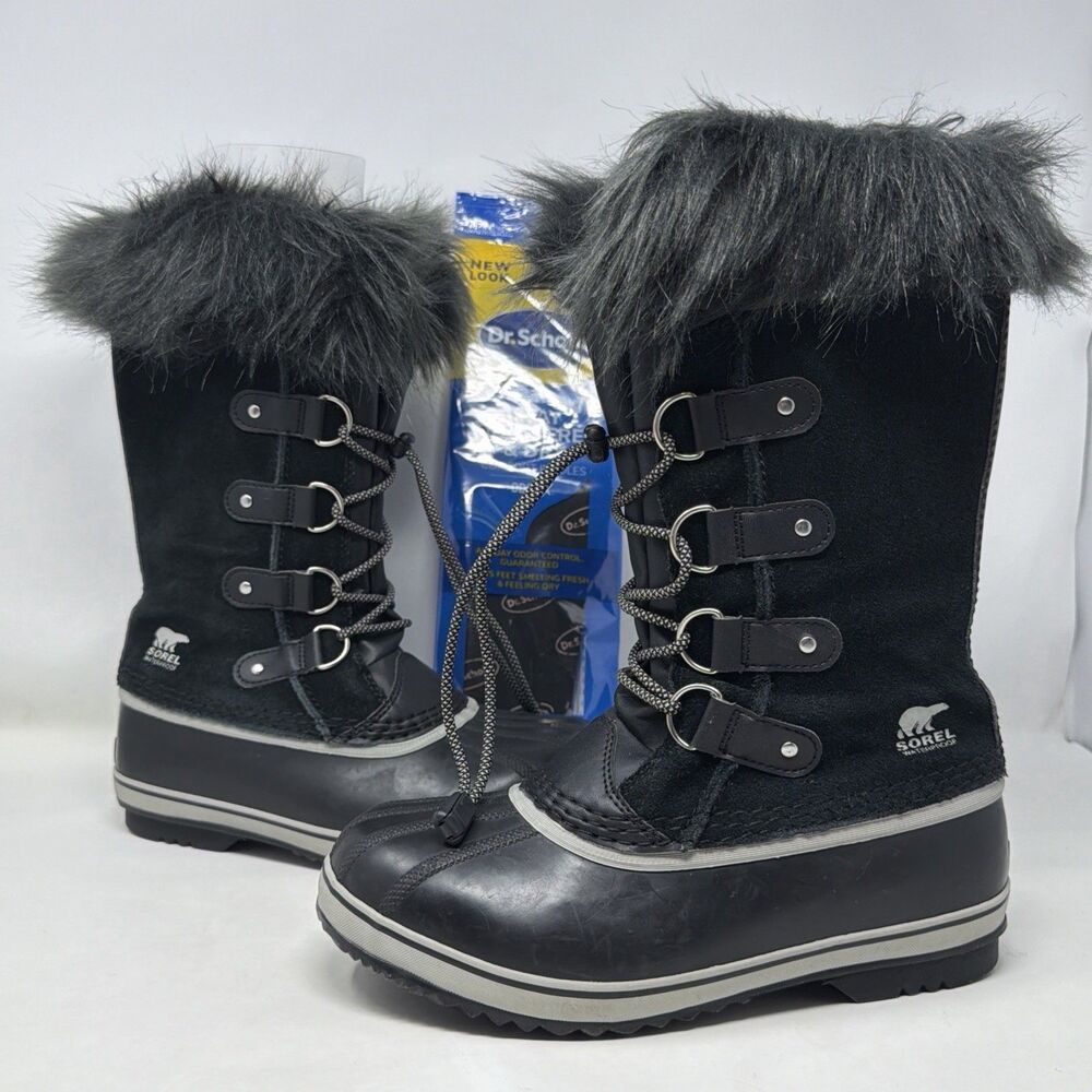 SOREL Joan of Arctic Womens 6 Black Suede Faux Fur Snow Boots + NEW Insoles